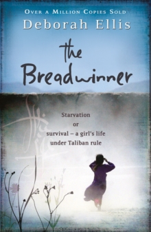 old edition cover of The Breadwinner - a blue sky and grey ground with a silhouette of a person holding their hands up to their face